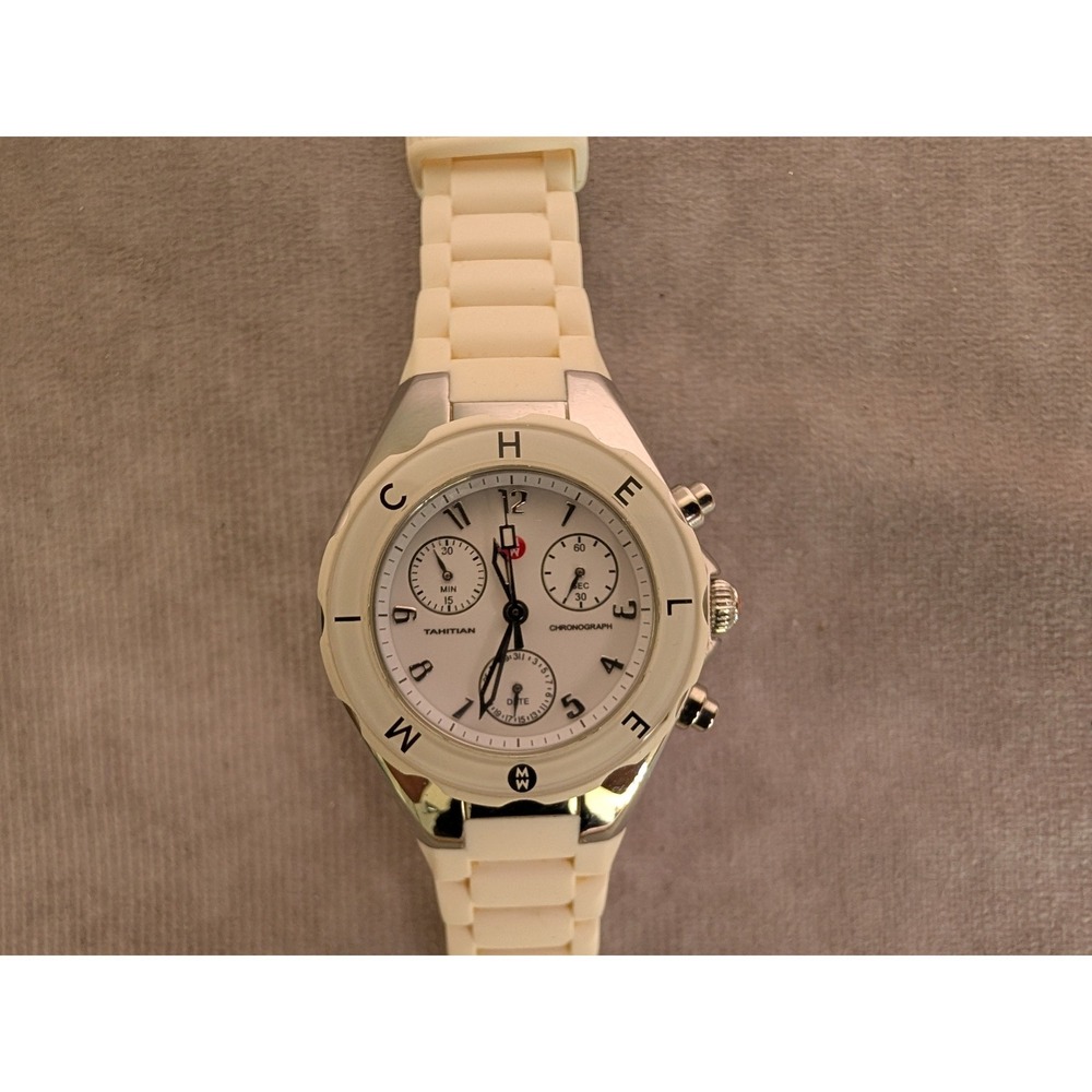 Michele Tahitian Chronograph White Silicone‎ Strap Watch MWW12D000001 Stainless
